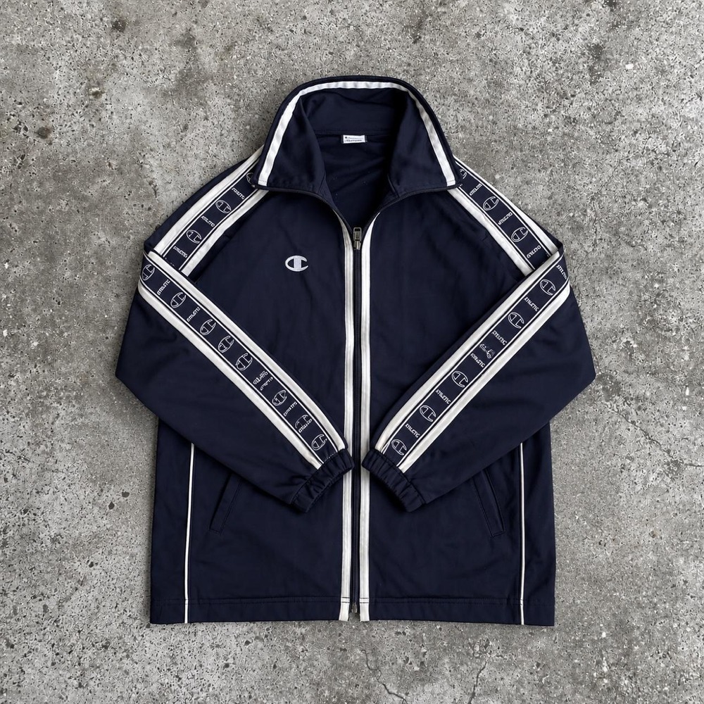 Vintage Champion Navy Blue Logo Tape Track Jacket Mens Large Y2K Full Zip